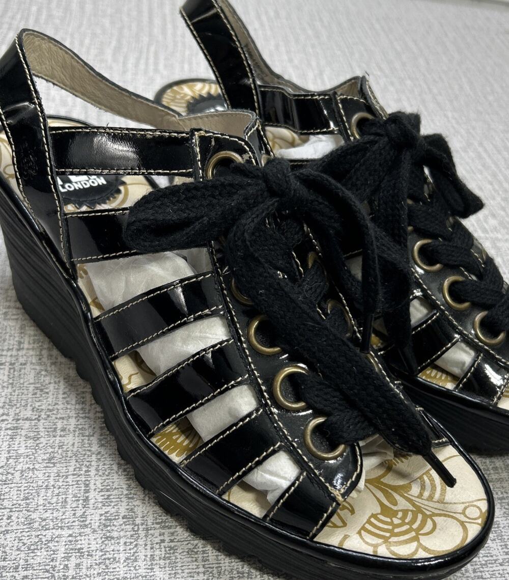 Fly London Ylva Shoes Womens EU 39 8.5 US Black Slingback Sandal Wedge Lace Up